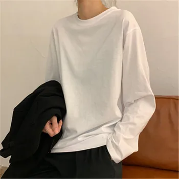 Ženske Priložnostne O Vratu Dolg Rokav T-shirt Bombaž Ohlapno Belo Tee Shirt Femal Trdnih Temeljnih Tops S-3XL