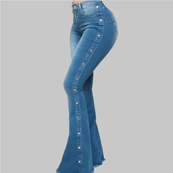 Ženske Sežgati Slim Hlače Moda Dekleta Jeans Pomlad Poletje Širok Noge Hlače Plus Velikost Denim Lady Visoko Pasu Bell Dna 2021