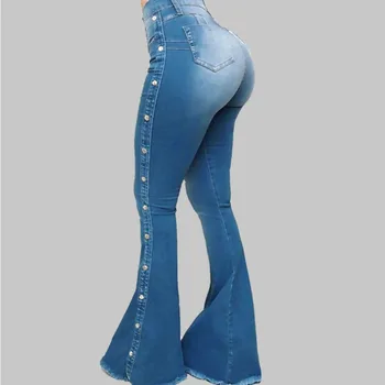 Ženske Sežgati Slim Hlače Moda Dekleta Jeans Pomlad Poletje Širok Noge Hlače Plus Velikost Denim Lady Visoko Pasu Bell Dna 2021