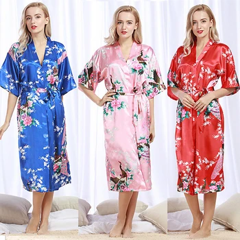 Ženske Svile Seksi Satenast Kimono kopalni plašč Koleno Dolžina Družico Tiskanja Kopel Haljo Plus Velikost Nevesta Hišna Obleke za Poroko Sleepwear