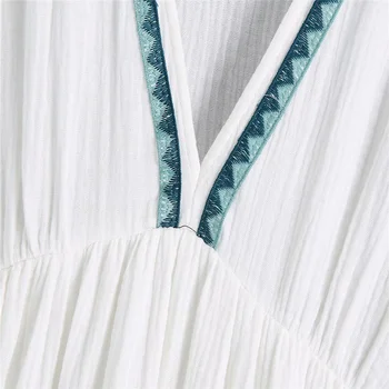 Ženske Teksturirane Mini Vezenje Obleko Za 2021 Mozaik Dolgo Puff Rokav Vintage Svoboden Poletje Naguban Belo