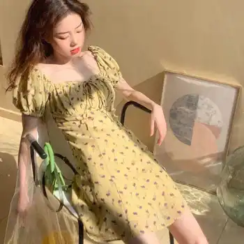 Ženske Vestidos Rumena Cvjetnim Tiskanja Korejskem Slogu Lok Puff Rokav Kawaii Ulične Vestido Sundress Femme Mini Obleka