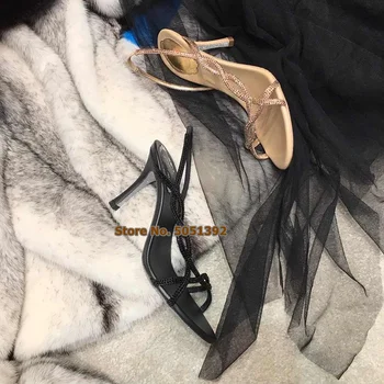 Ženske Visoke Pete Peep Toe Sandale Kristalno Shinning Nosorogovo Seksi Tkanje Navijanje Traku Bleščeče Moda Stiletto Čevlji